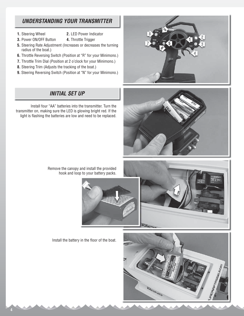 Understanding your transmitter, Initial set up | AquaCraft Minimono User Manual | Page 4 / 12