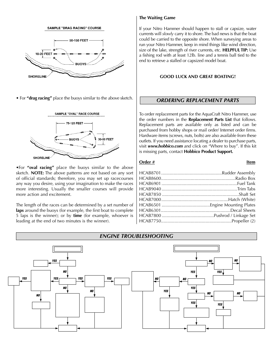 Ordering replacement parts, Engine troubleshooting | AquaCraft Nitro Hammer User Manual | Page 8 / 8