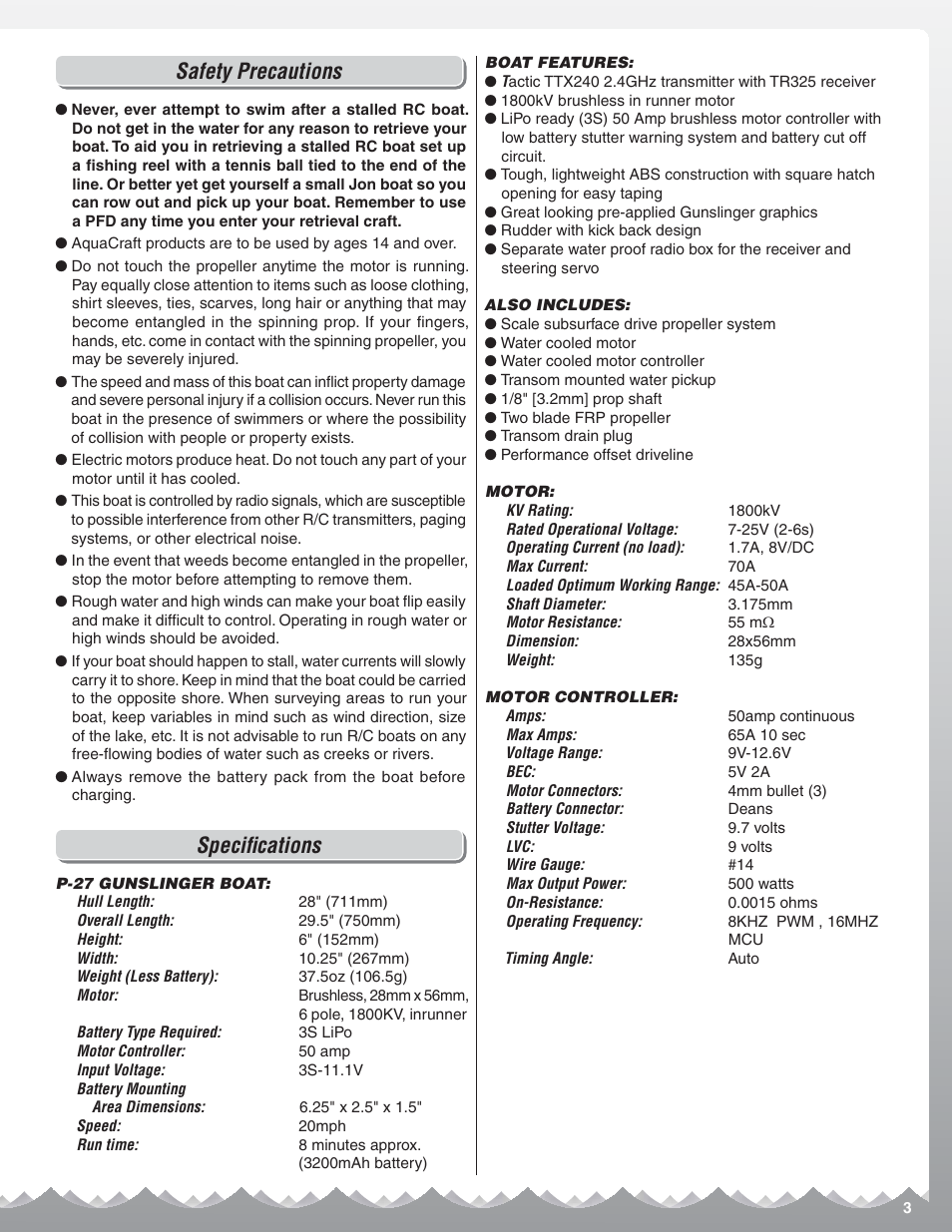 Safety precautions, Specifi cations | AquaCraft P-27 Gunslinger User Manual | Page 3 / 8