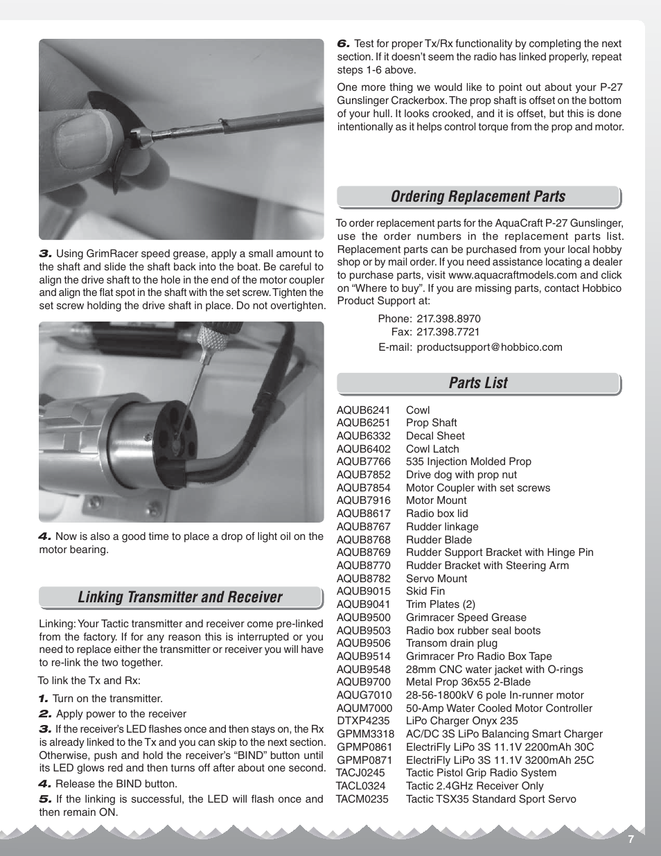 Linking transmitter and receiver, Ordering replacement parts, Parts list | AquaCraft P-27 Gunslinger User Manual | Page 7 / 8