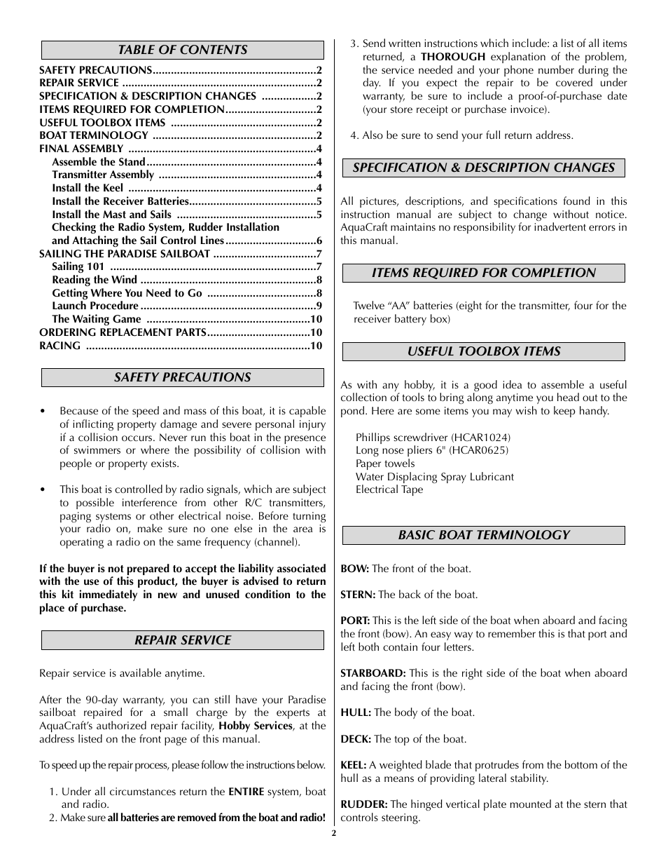 AquaCraft Paradise User Manual | Page 2 / 12