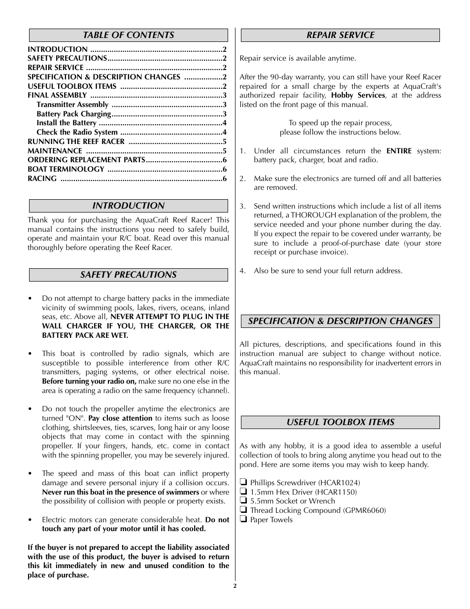 AquaCraft Reef Racer User Manual | Page 2 / 8