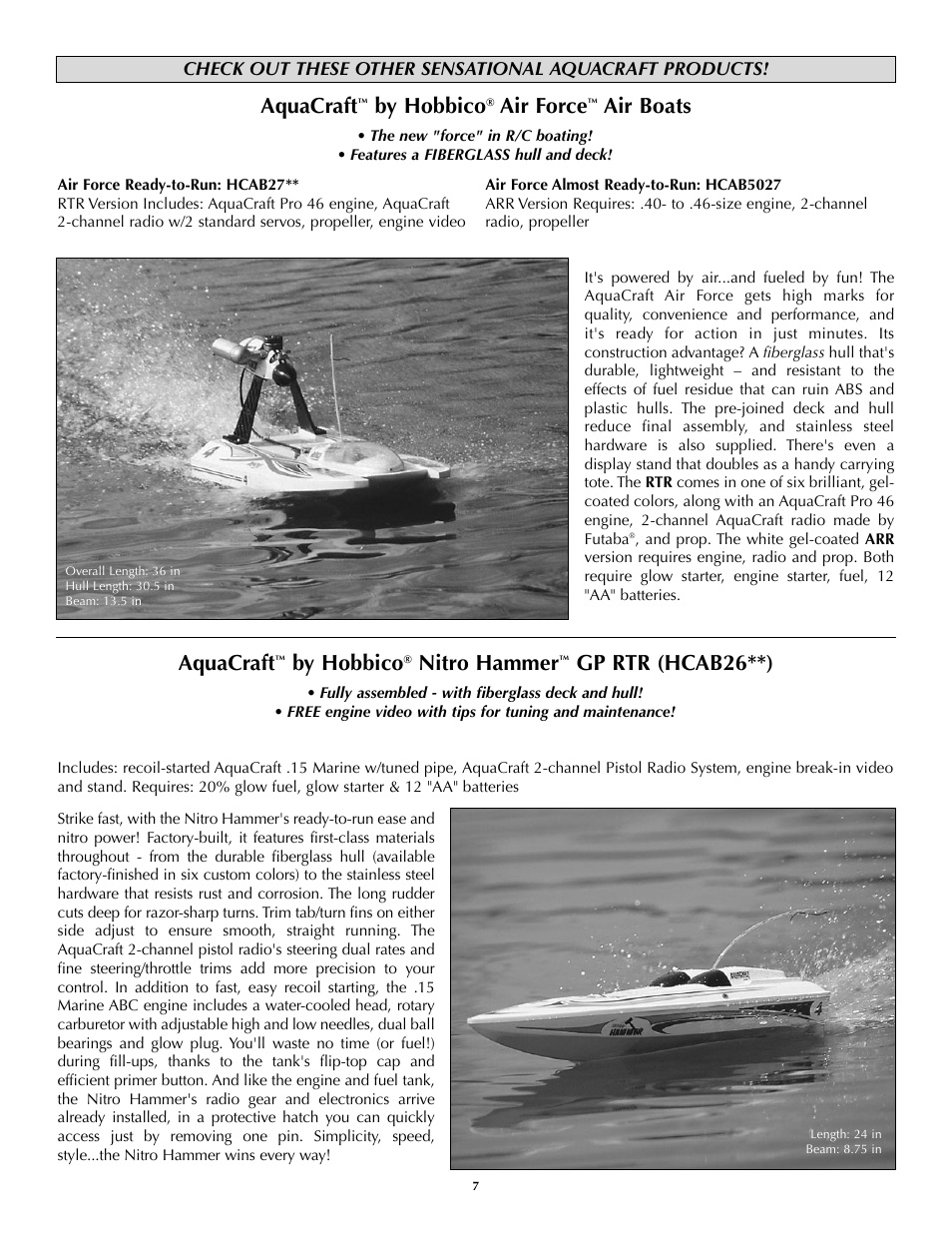 Aquacraft, By hobbico, Nitro hammer | Gp rtr (hcab26**), Air force, Air boats | AquaCraft Reef Racer User Manual | Page 7 / 8