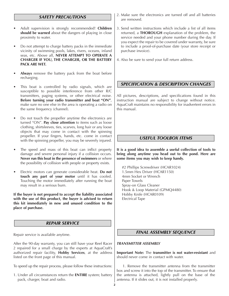 AquaCraft Reef Racer 2 User Manual | Page 2 / 8