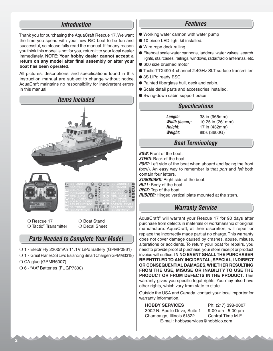 Introduction, Items included, Parts needed to complete your model | Features, Specifi cations, Boat terminology, Warranty service | AquaCraft Rescue 17 User Manual | Page 2 / 8