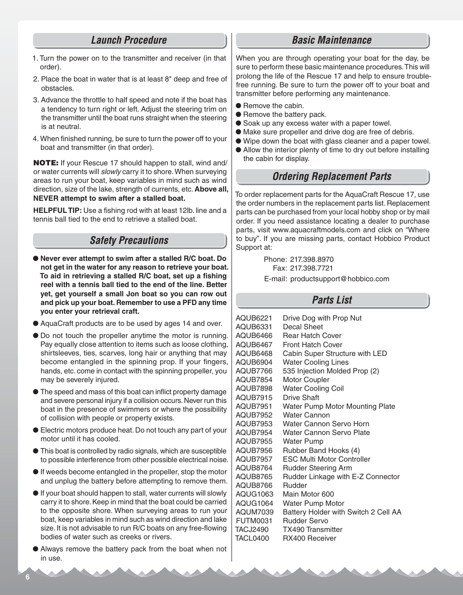 Launch procedure, Safety precautions, Basic maintenance | Ordering replacement parts, Parts list | AquaCraft Rescue 17 User Manual | Page 6 / 8