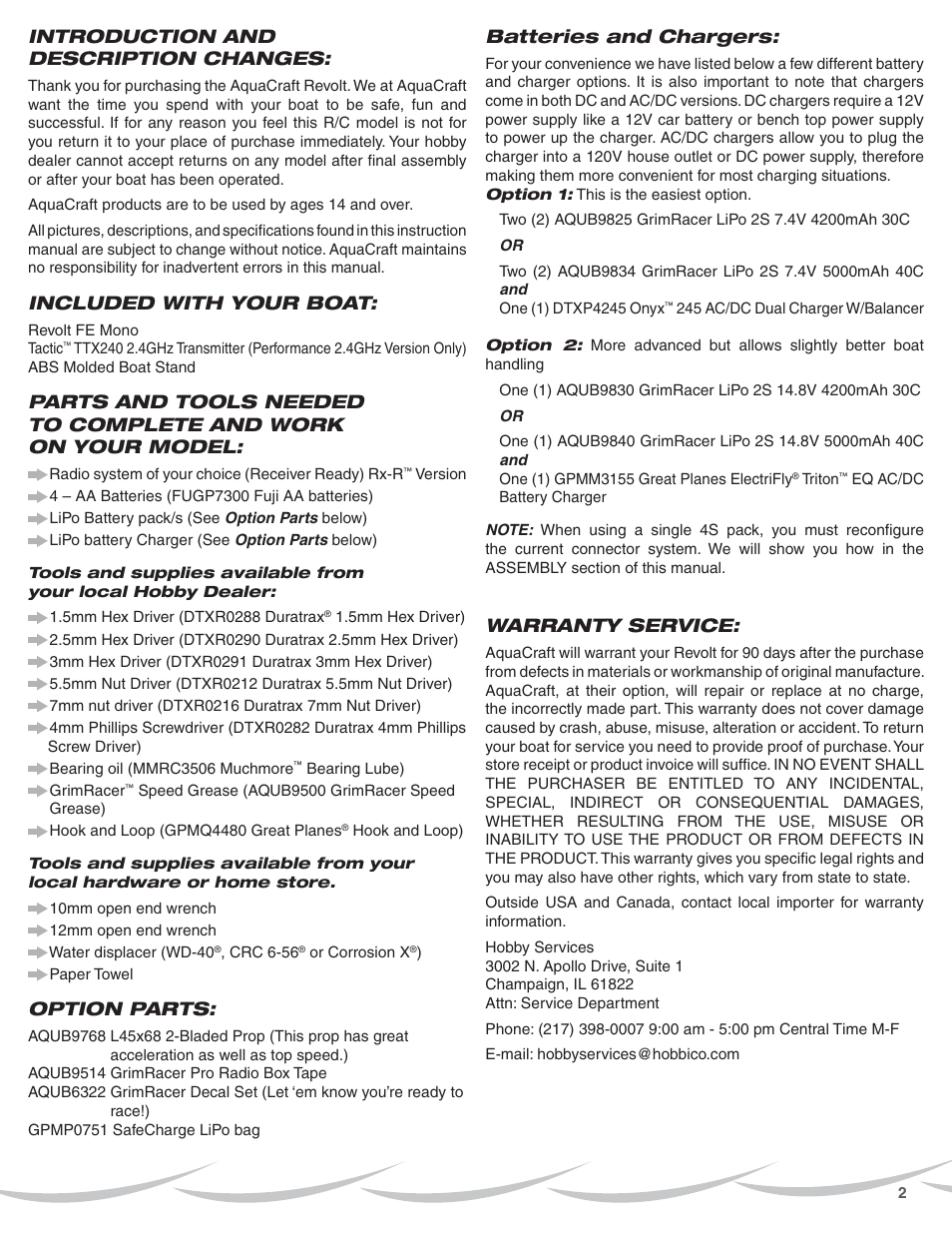 Introduction and description changes, Included with your boat, Option parts | Batteries and chargers, Warranty service | AquaCraft Revolt 30 User Manual | Page 2 / 12