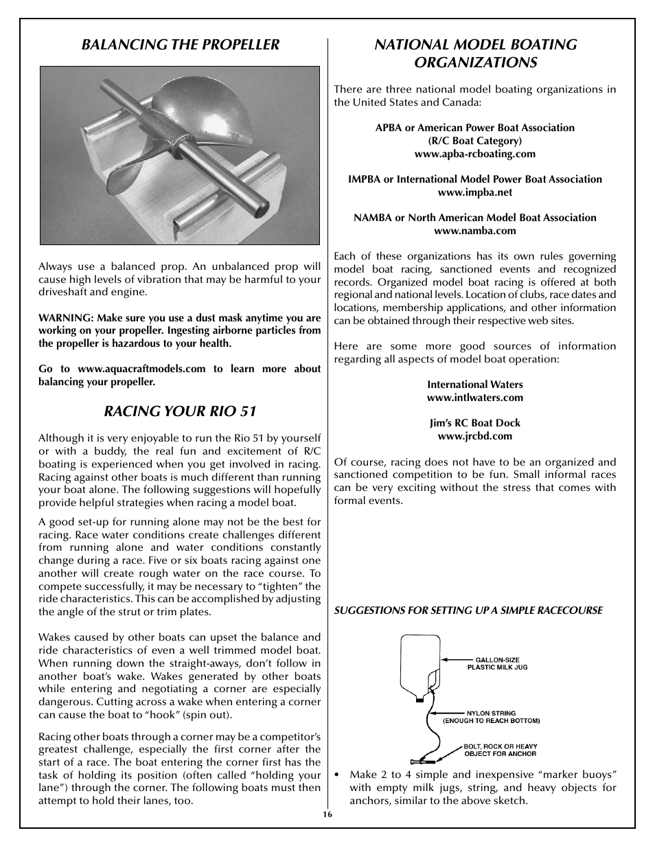 Balancing the propeller, Racing your rio 51, National model boating organizations | AquaCraft Rio 51 User Manual | Page 16 / 24