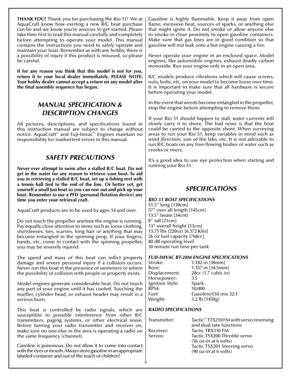 Manual specification & description changes, Safety precautions, Specifications | AquaCraft Rio 51 User Manual | Page 2 / 24