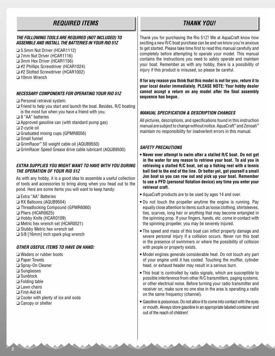 Required items | AquaCraft Rio 51Z User Manual | Page 2 / 16