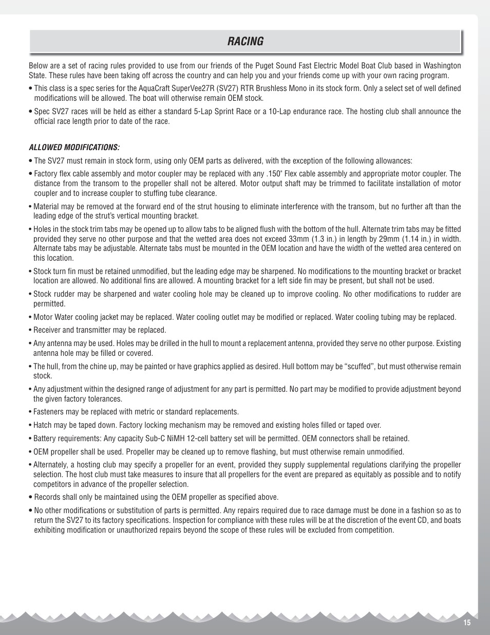 Racing | AquaCraft SuperVee 27R User Manual | Page 15 / 16