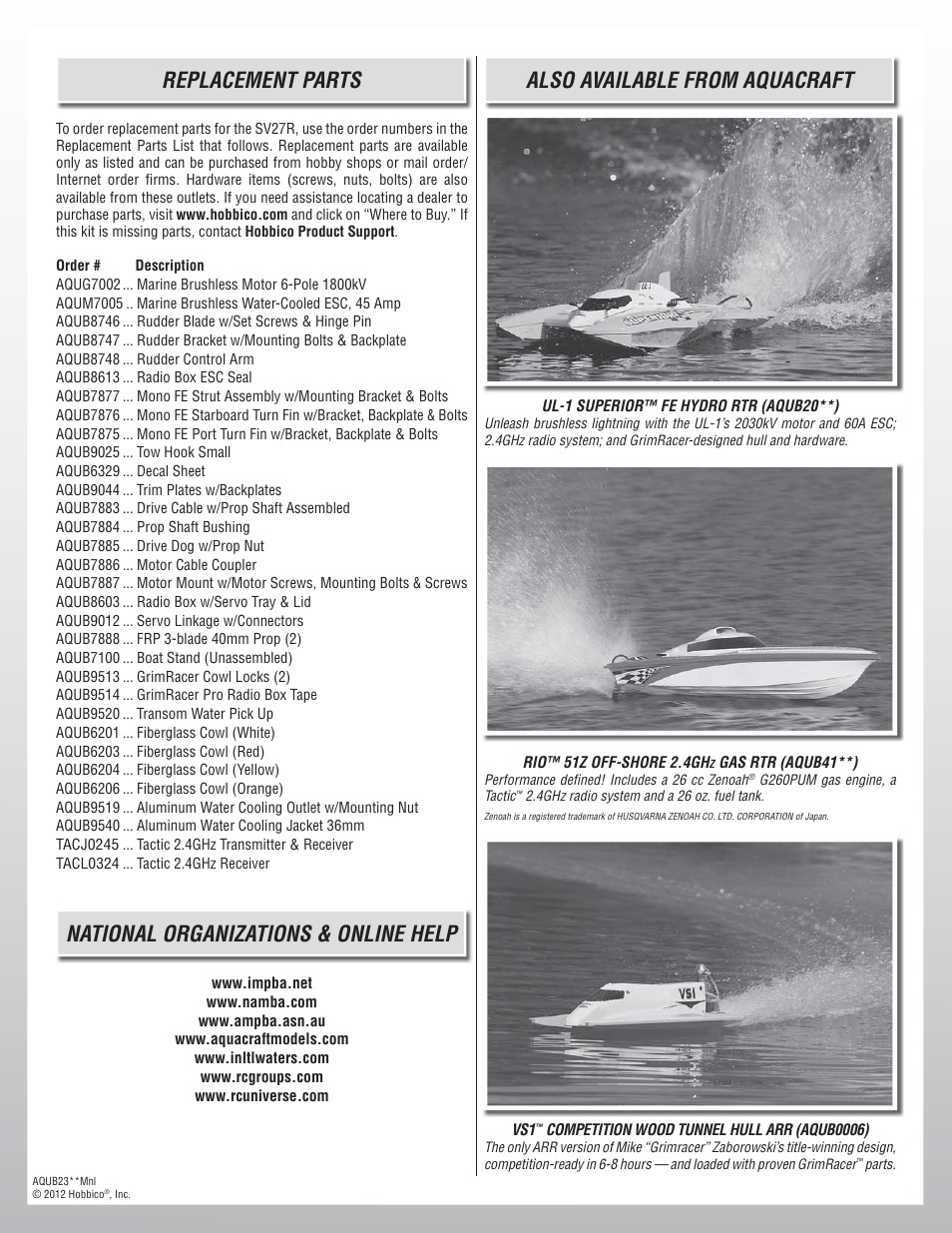 Also available from aquacraft, Replacement parts, National organizations & online help | AquaCraft SuperVee 27R User Manual | Page 16 / 16