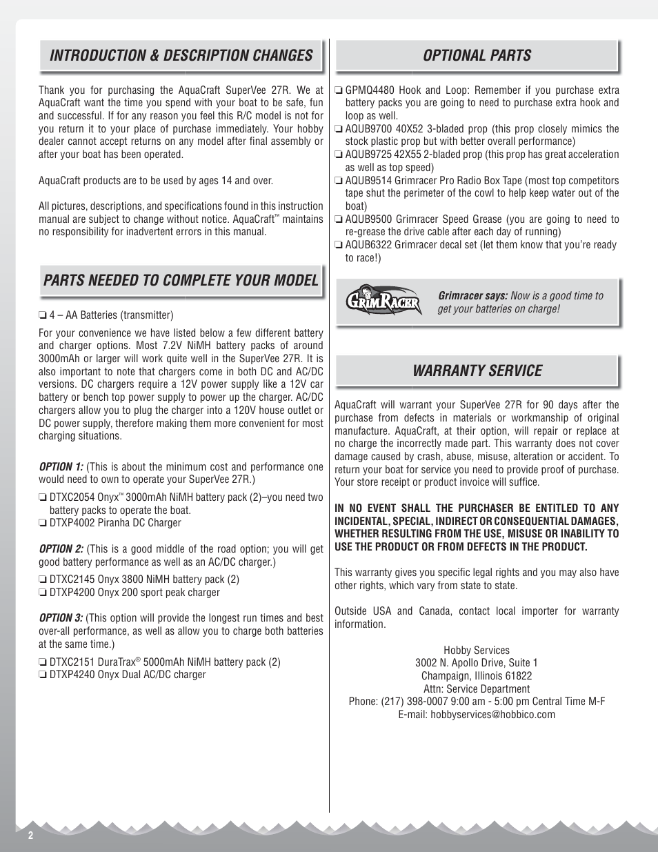 Introduction & description changes, Parts needed to complete your model, Optional parts | Warranty service | AquaCraft SuperVee 27R User Manual | Page 2 / 16