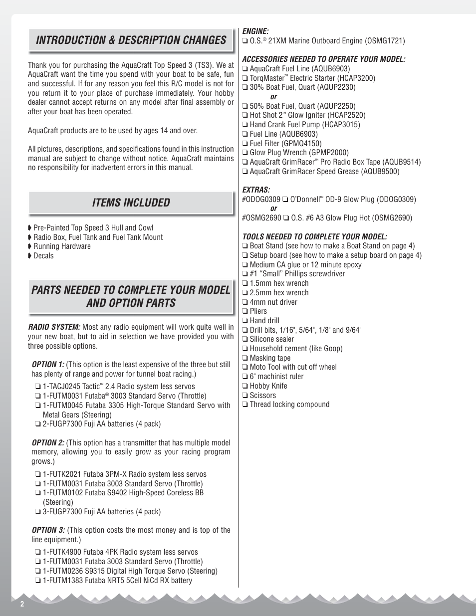 Introduction & description changes, Items included | AquaCraft Top Speed 3 User Manual | Page 2 / 24