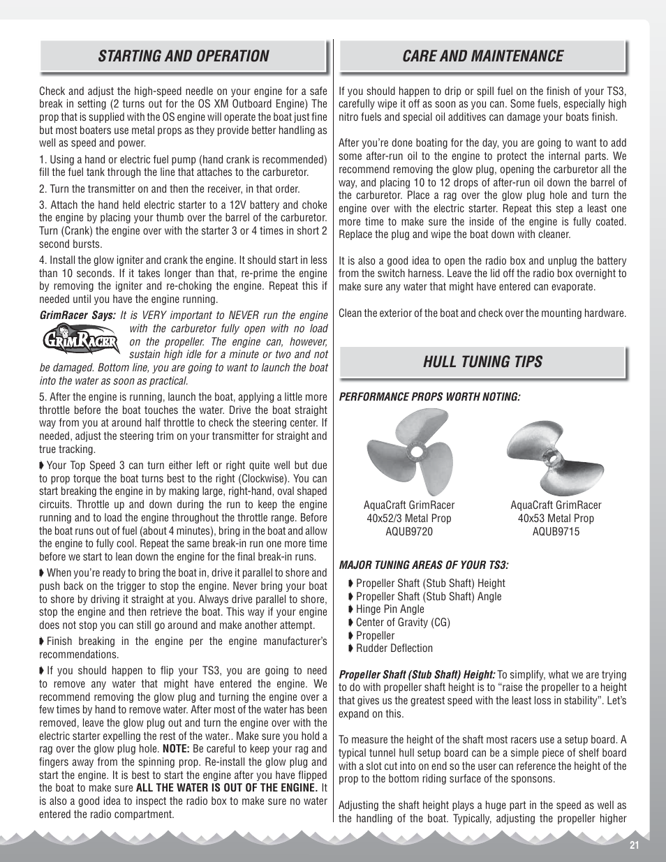 Care and maintenance, Hull tuning tips, Starting and operation | AquaCraft Top Speed 3 User Manual | Page 21 / 24