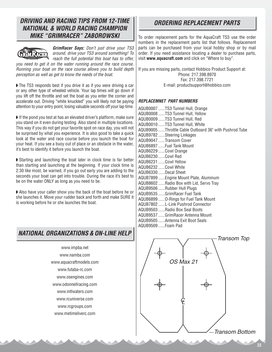 Ordering replacement parts, National organizations & on-line help | AquaCraft Top Speed 3 User Manual | Page 23 / 24