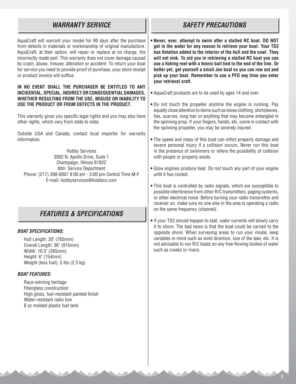 Safety precautions, Warranty service, Features & specifications | AquaCraft Top Speed 3 User Manual | Page 3 / 24