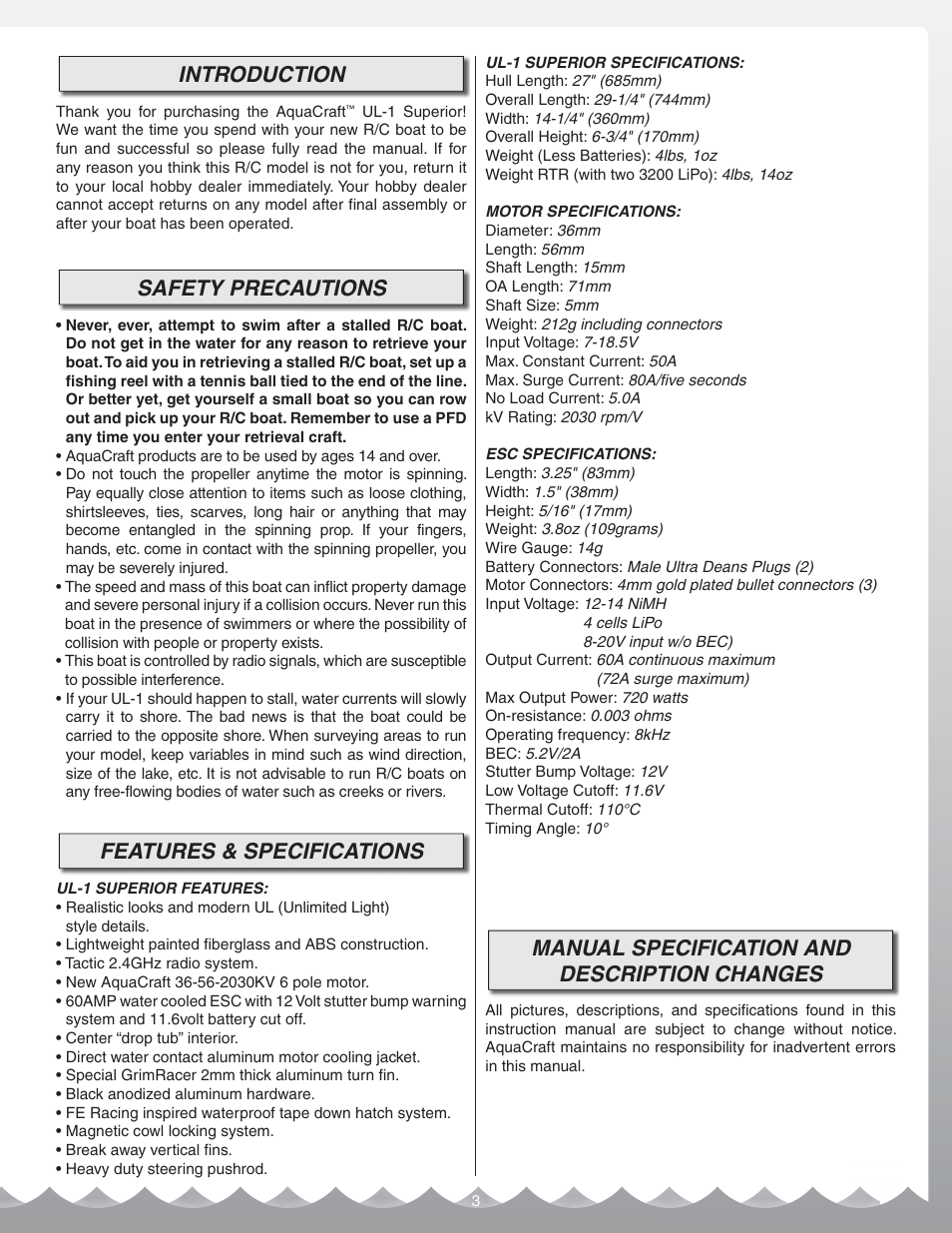 Introduction, Safety precautions, Features & specifications | Manual specification and description changes | AquaCraft UL-1 Superior User Manual | Page 3 / 12