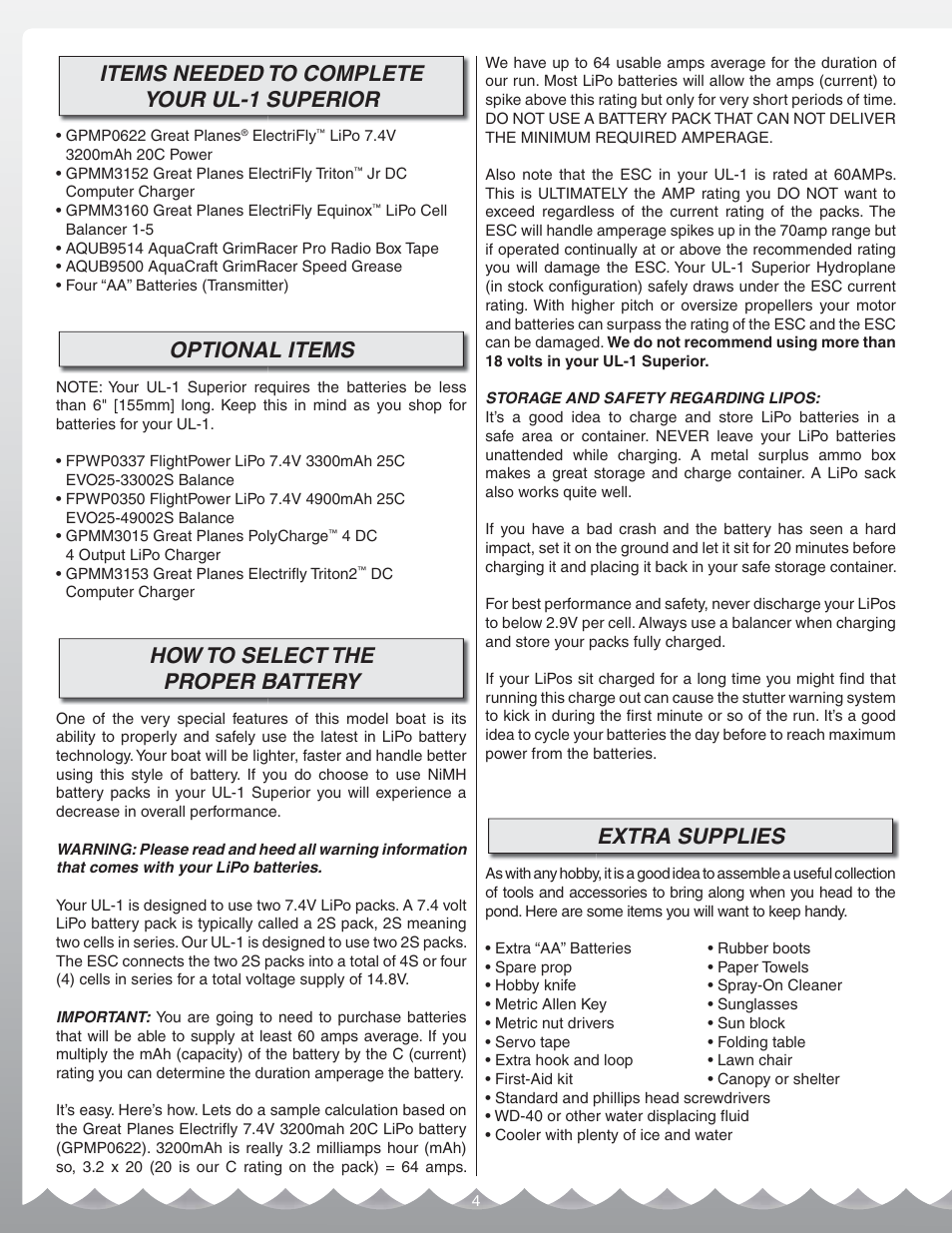 Items needed to complete your ul-1 superior, Optional items, How to select the proper battery | Extra supplies | AquaCraft UL-1 Superior User Manual | Page 4 / 12