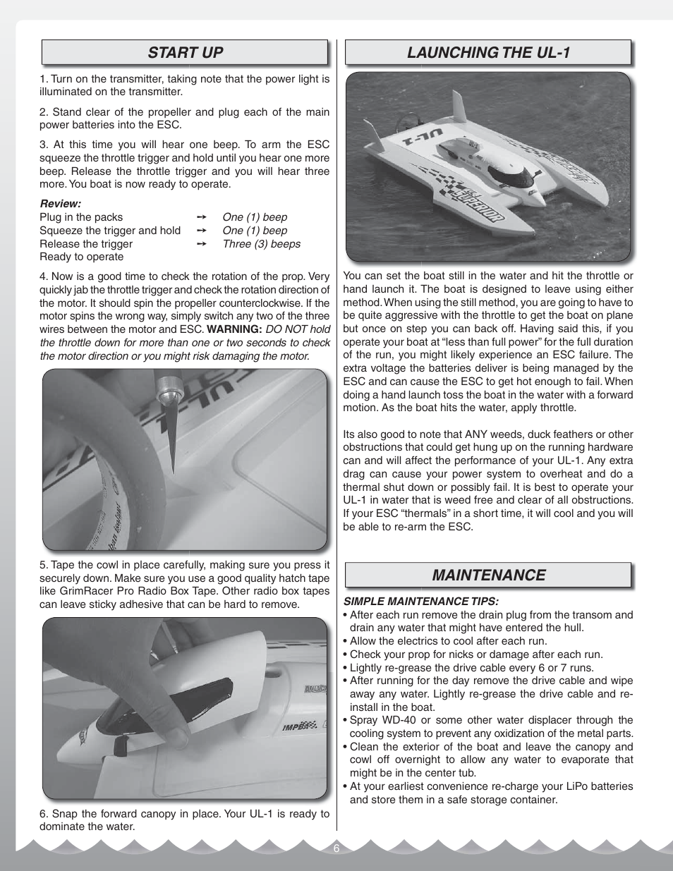 Start up, Launching the ul-1, Maintenance | AquaCraft UL-1 Superior User Manual | Page 6 / 12