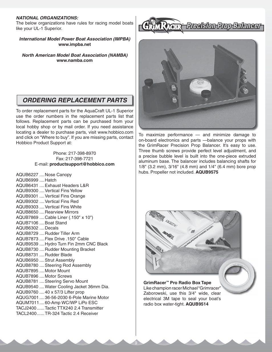 Precision prop balancer, Ordering replacement parts | AquaCraft UL-1 Superior User Manual | Page 9 / 12