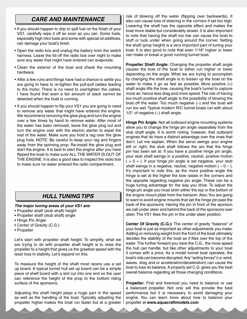 Care and maintenance, Hull tuning tips | AquaCraft VS1 User Manual | Page 16 / 20