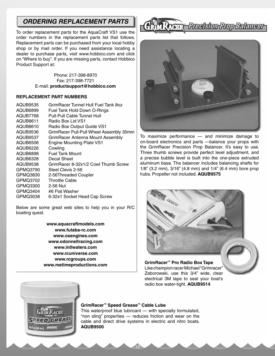 Precision prop balancer, Ordering replacement parts | AquaCraft VS1 User Manual | Page 18 / 20