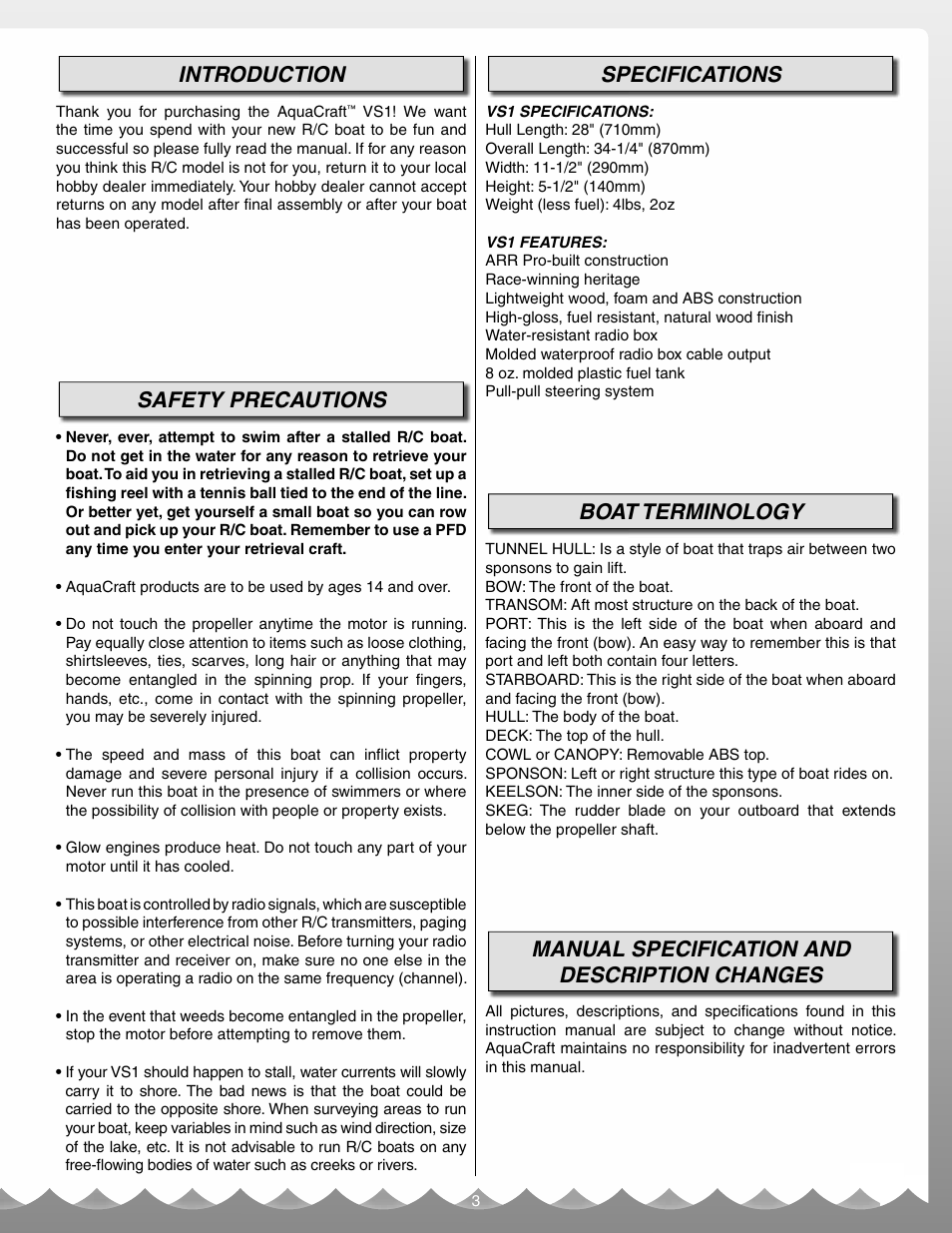 Introduction, Safety precautions, Specifications | Boat terminology, Manual specification and description changes | AquaCraft VS1 User Manual | Page 3 / 20