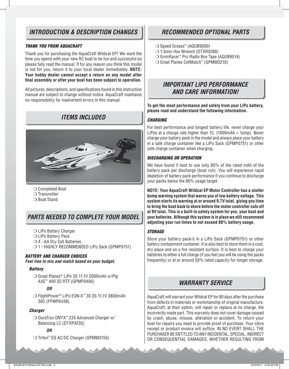 Introduction & description changes, Items included, Parts needed to complete your model | Recommended optional parts, Important lipo performance and care information, Warranty service | AquaCraft Wildcat User Manual | Page 2 / 8