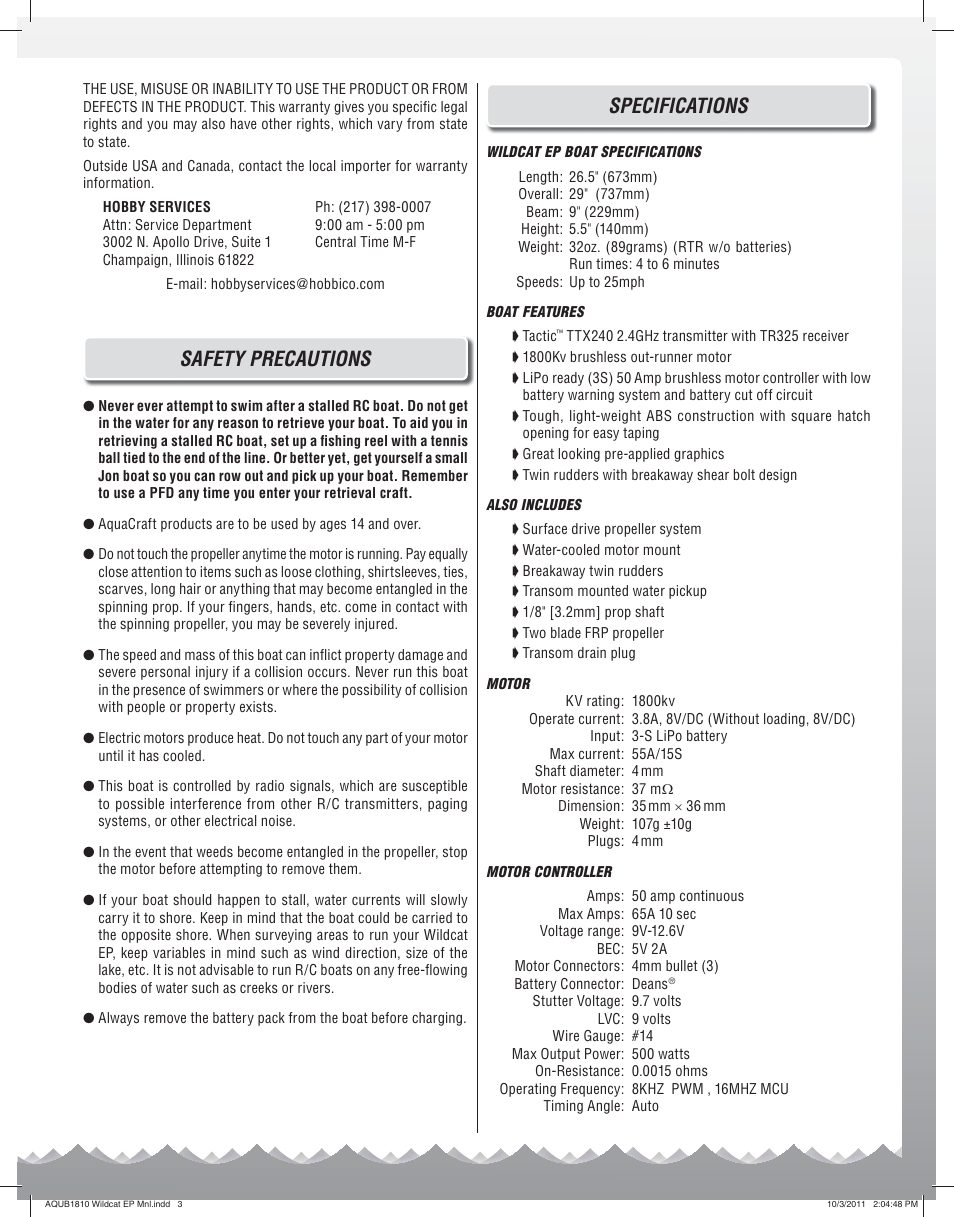 Safety precautions, Specifications | AquaCraft Wildcat User Manual | Page 3 / 8