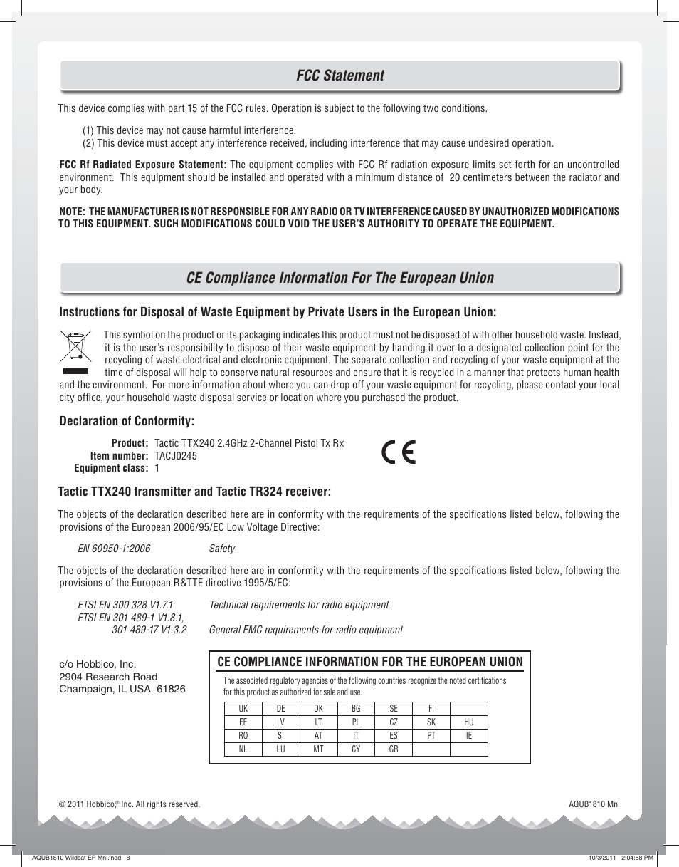 Fcc statement, Ce compliance information for the european union, Declaration of conformity | AquaCraft Wildcat User Manual | Page 8 / 8