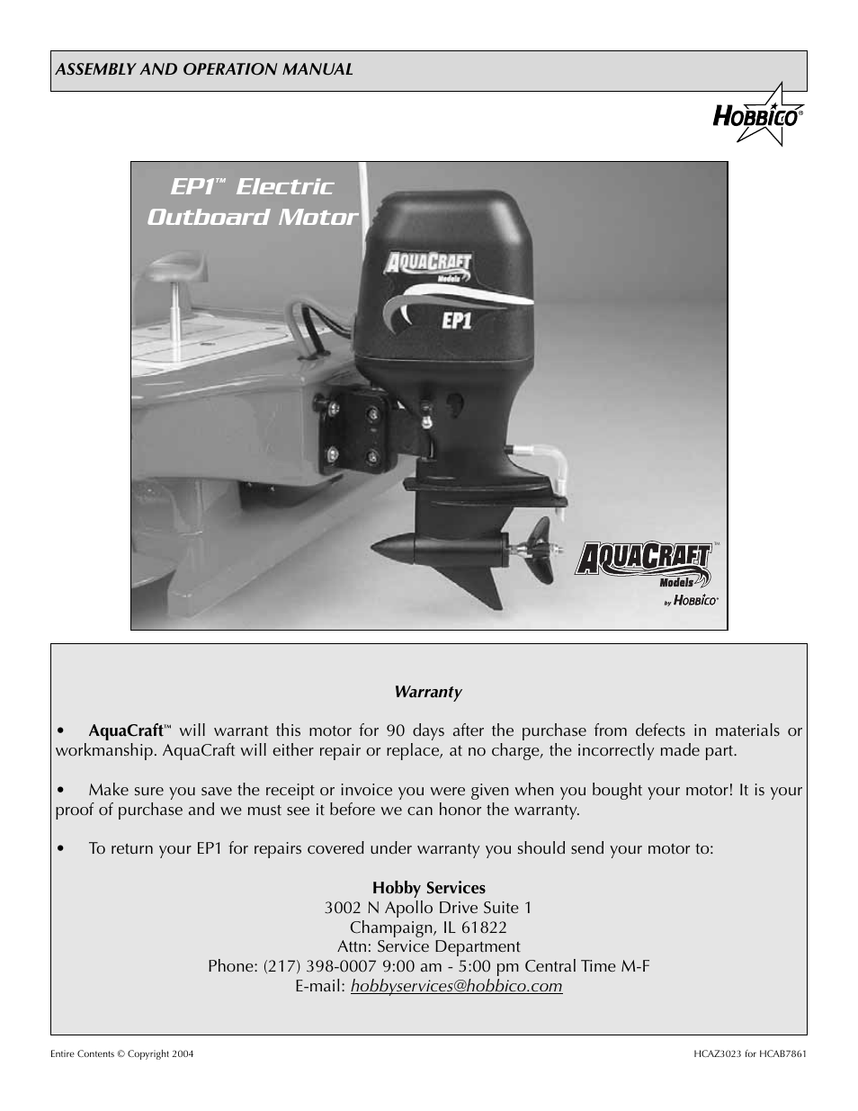 AquaCraft EP1 Electric Outboard Motor User Manual | 4 pages