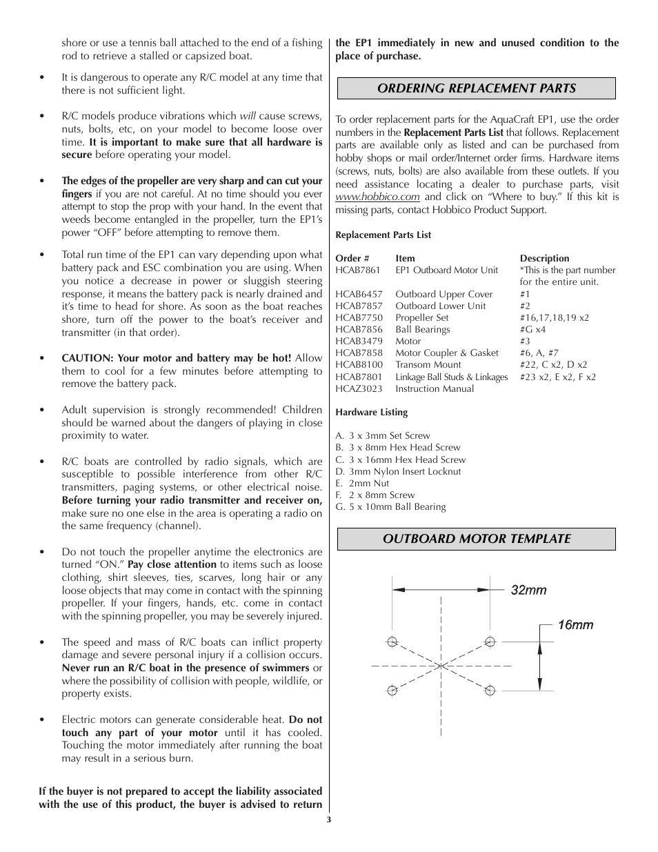 Outboard motor template ordering replacement parts | AquaCraft EP1 Electric Outboard Motor User Manual | Page 3 / 4