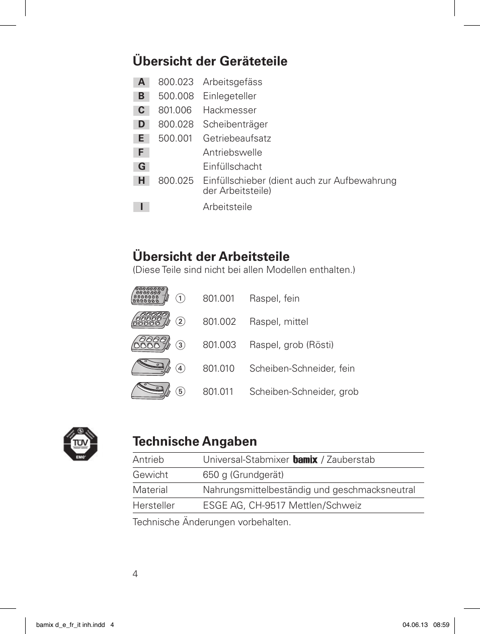 Übersicht der geräteteile, Übersicht der arbeitsteile, Technische angaben | bamix SliceSy User Manual | Page 6 / 34