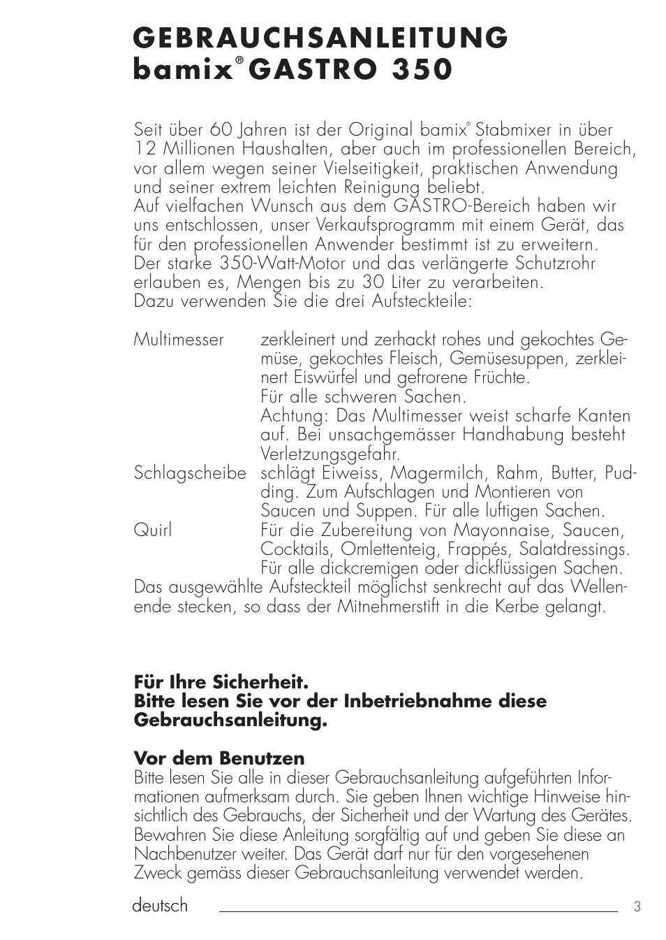 Gebrauchsanleitung bamix, Gastro 350 | bamix Gastro 350 User Manual | Page 3 / 44