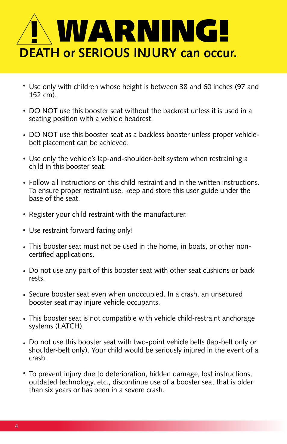 Warning, Death or serious injury can occur | Britax Monarch User Manual | Page 4 / 20
