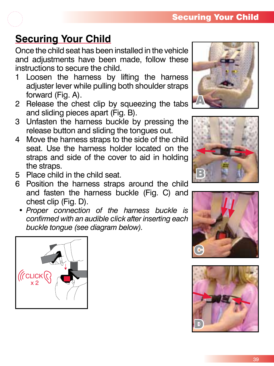 Ab d c, Securing your child | Britax ROUND ABOUT 50 User Manual | Page 41 / 48