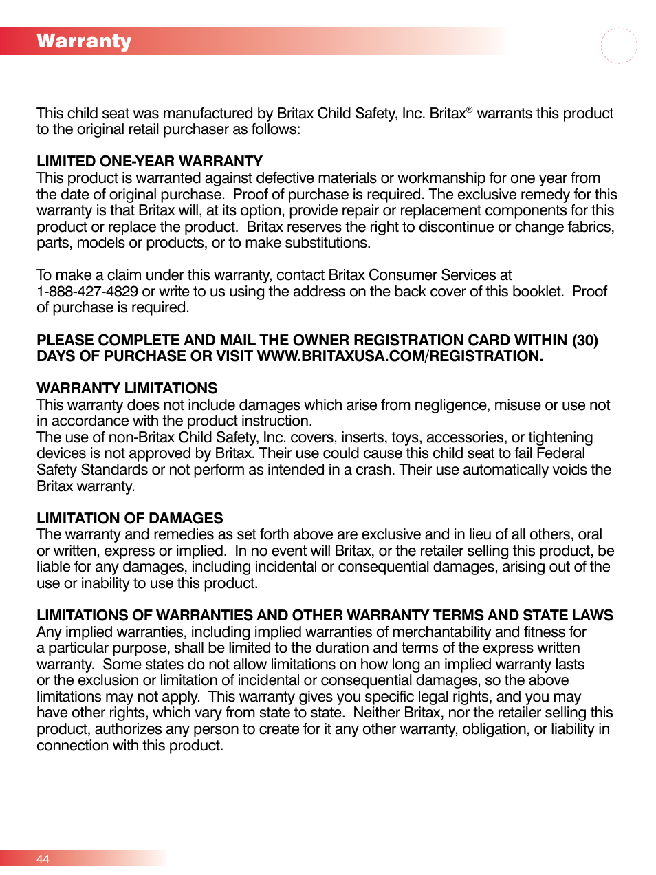 Warranty | Britax ROUND ABOUT 50 User Manual | Page 46 / 48