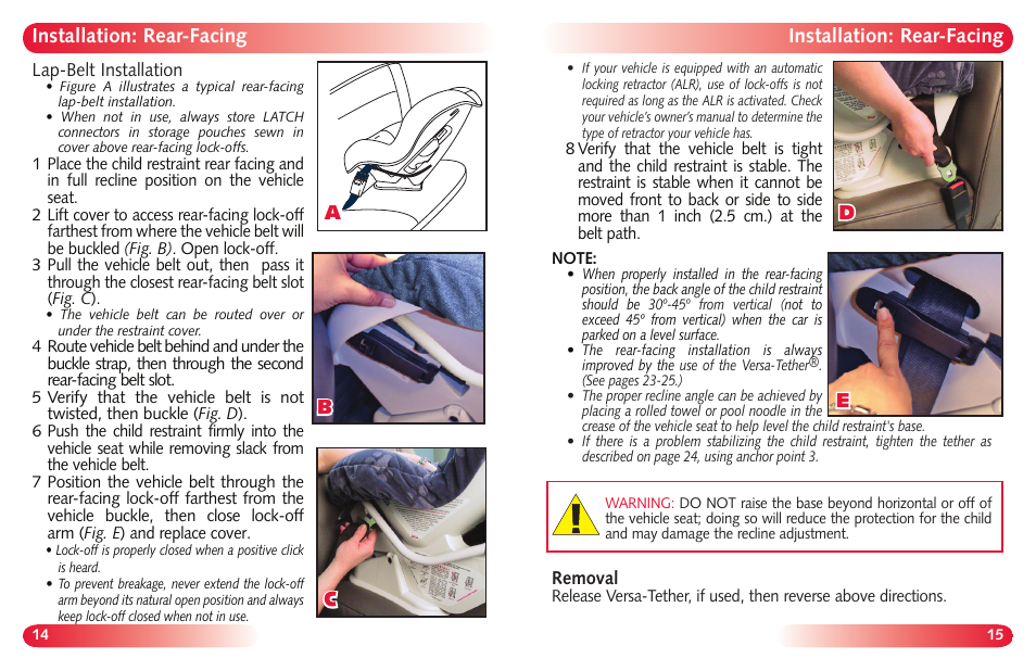 Installation: rear-facing, Ab c d e | Britax Marathon User Manual | Page 9 / 21
