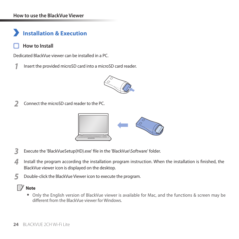 How to use the blackvue viewer, Installation & execution | BlackVue DR530W-2CH V3.01 User Manual | Page 24 / 48