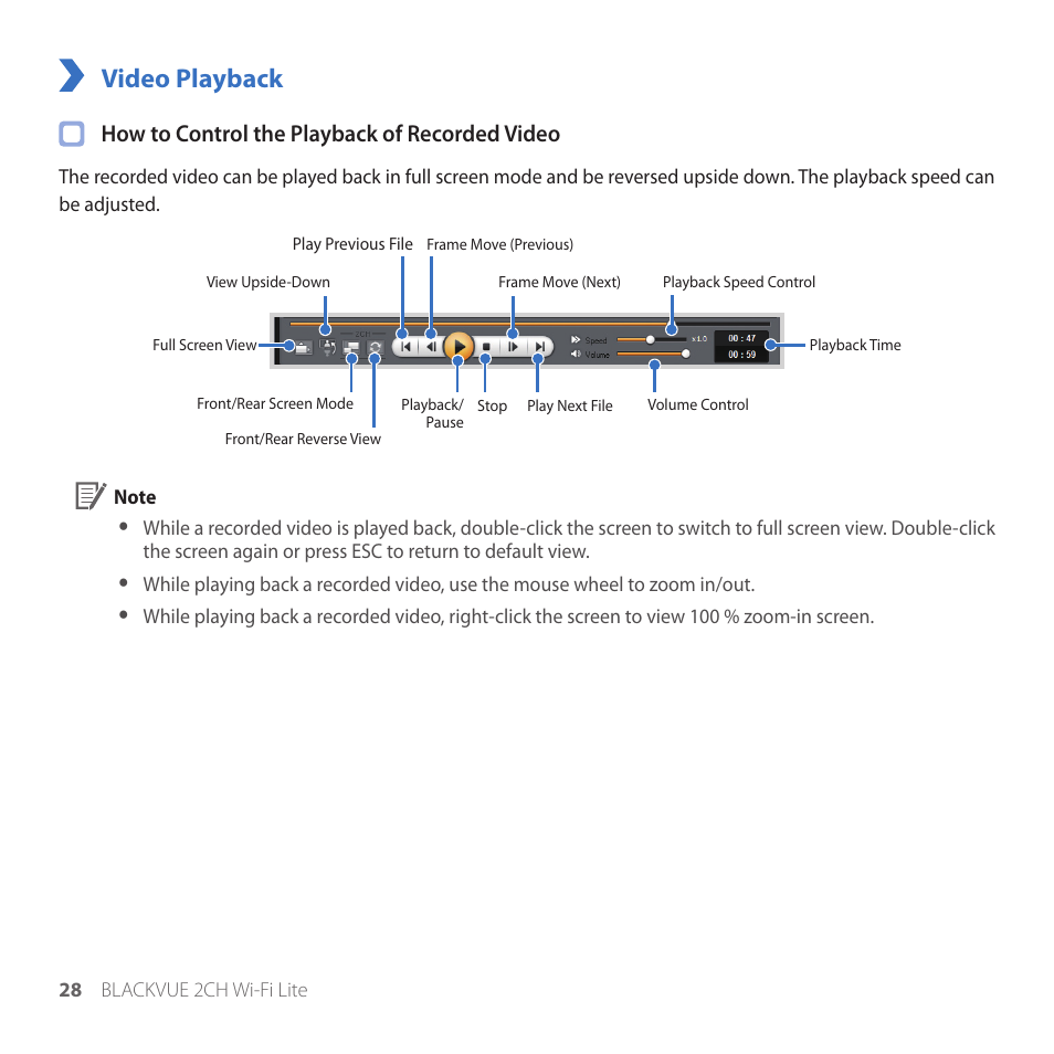 Video playback, How to control the playback of recorded video | BlackVue DR530W-2CH V3.01 User Manual | Page 28 / 48