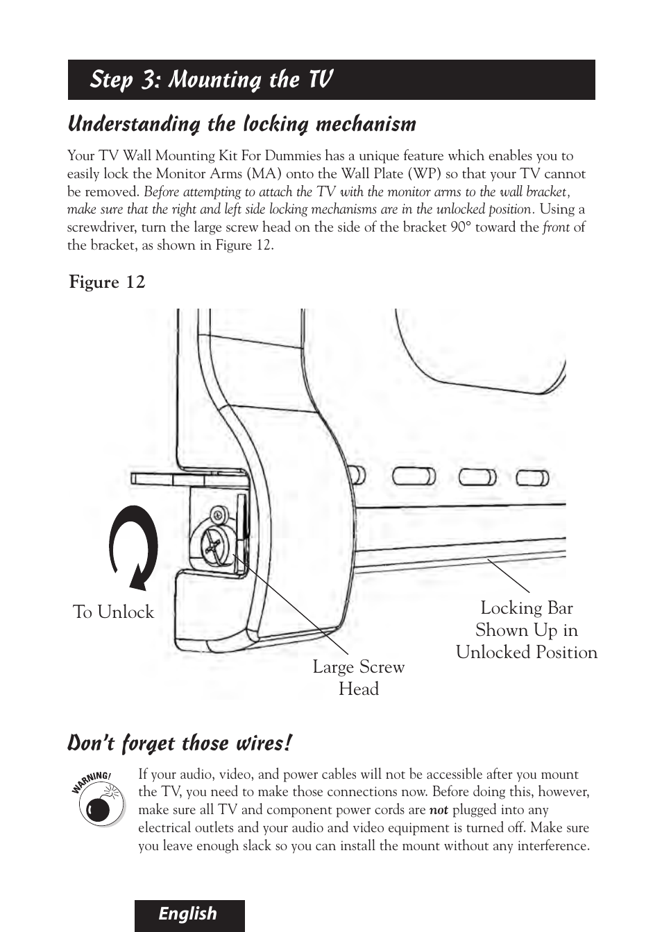 Step 3: mounting the tv, Understanding the locking mechanism, Don’t forget those wires | Bell'O 8325 User Manual | Page 15 / 20