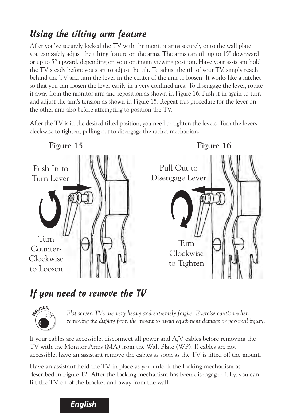 Using the tilting arm feature, If you need to remove the tv | Bell'O 8325 User Manual | Page 18 / 20