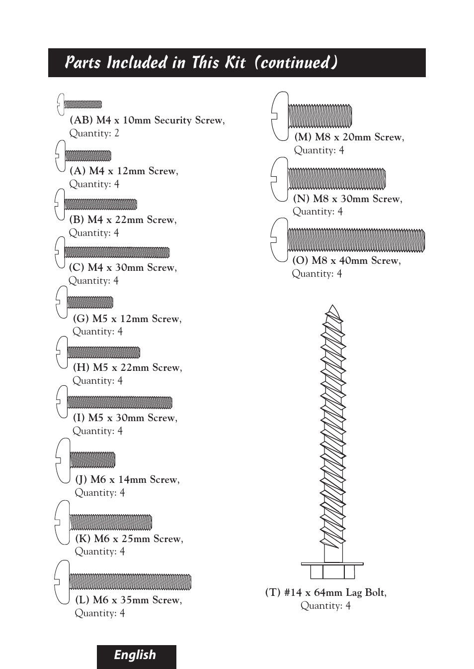 Parts included in this kit (continued), English | Bell'O 8325 User Manual | Page 5 / 20