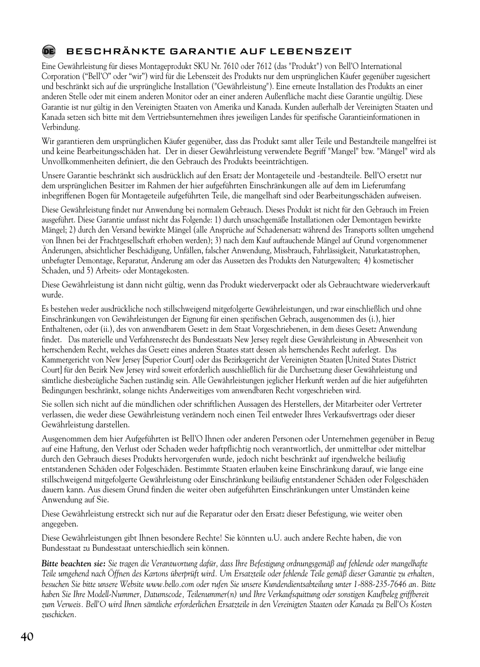 40 beschränkte garantie auf lebenszeit | Bell'O 7610 User Manual | Page 40 / 44