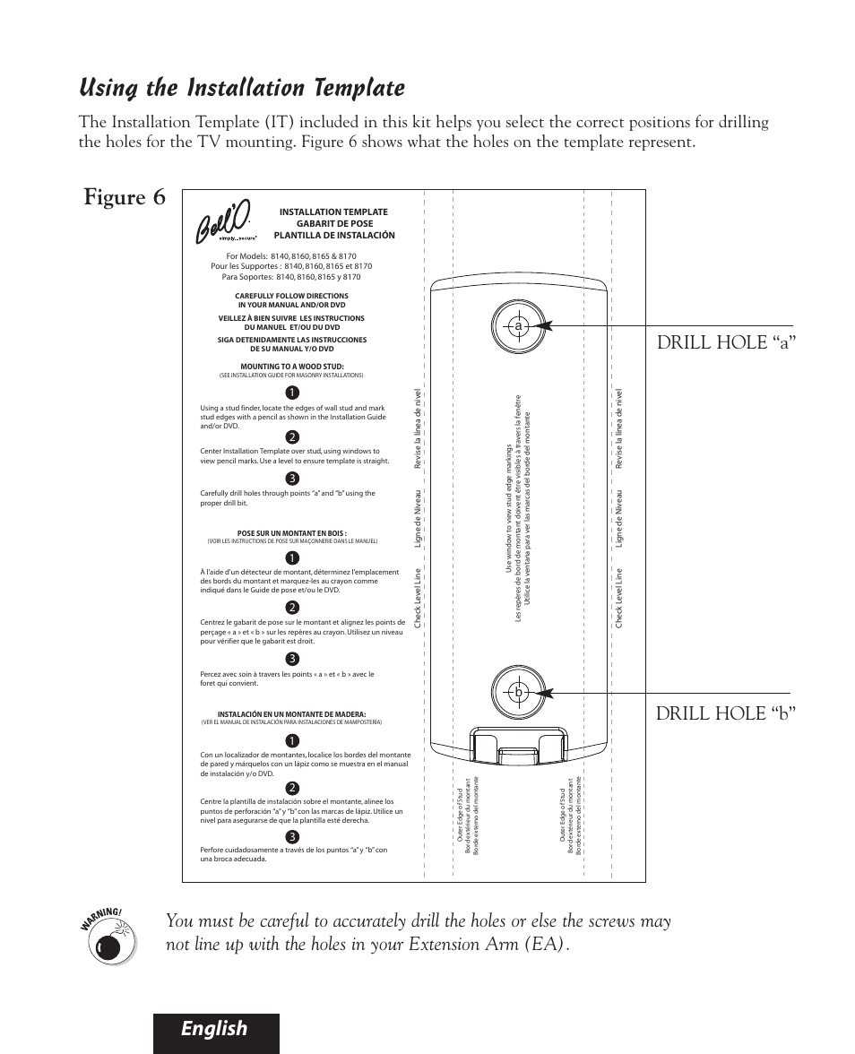 Using the installation template, Figure 6, English | Drill hole “a” drill hole “b | Bell'O 8160 User Manual | Page 11 / 21
