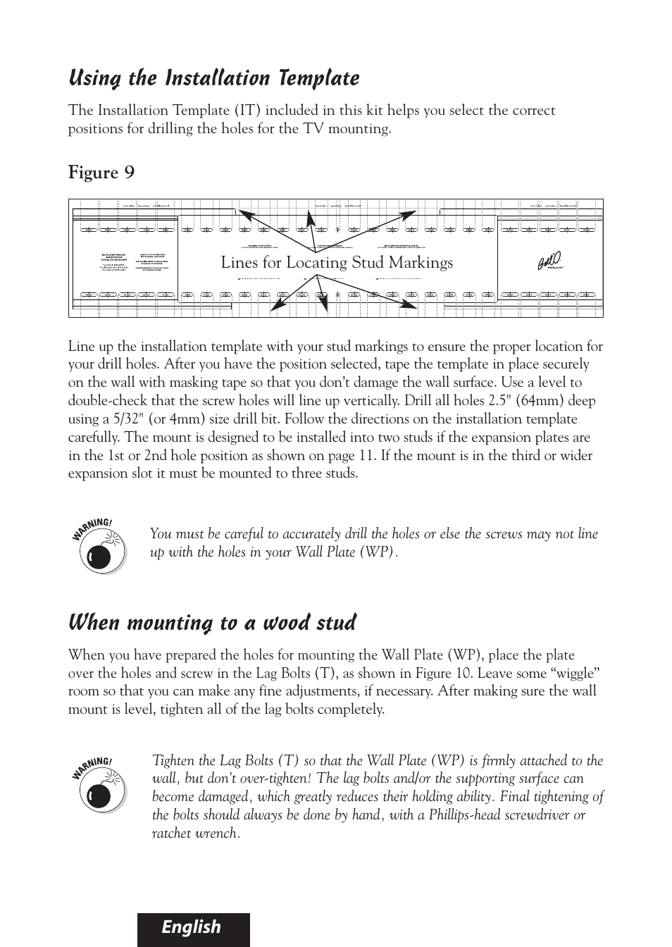 Using the installation template, When mounting to a wood stud, English | Figure 9 | Bell'O 8335 User Manual | Page 14 / 23