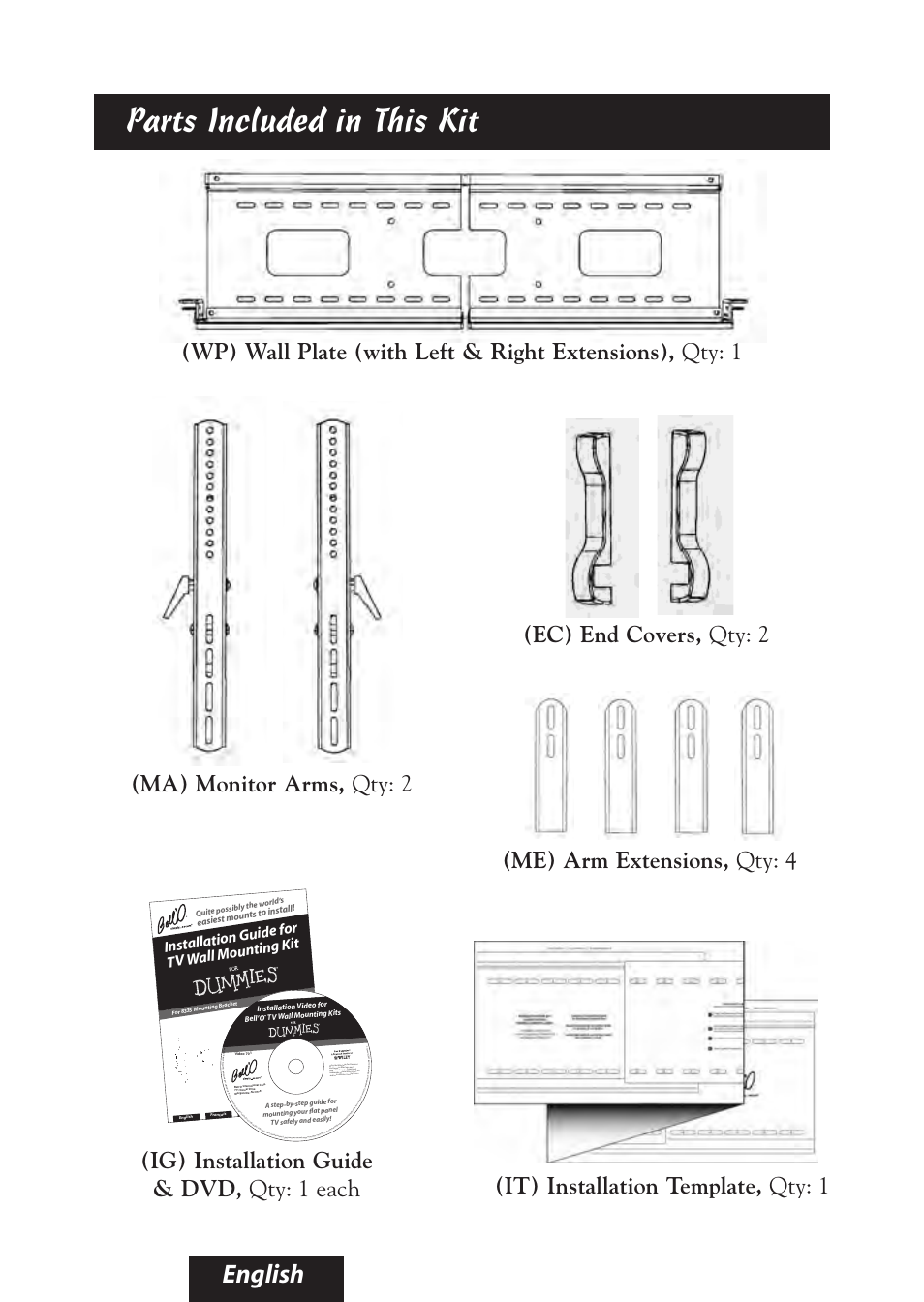 Parts included in this kit, English, Ma) monitor arms, qty: 2 | Installat ion guid e for tv wall mountin g kit, Easiest m ounts to install, Quite po ssibly th e world’ s | Bell'O 8335 User Manual | Page 4 / 23