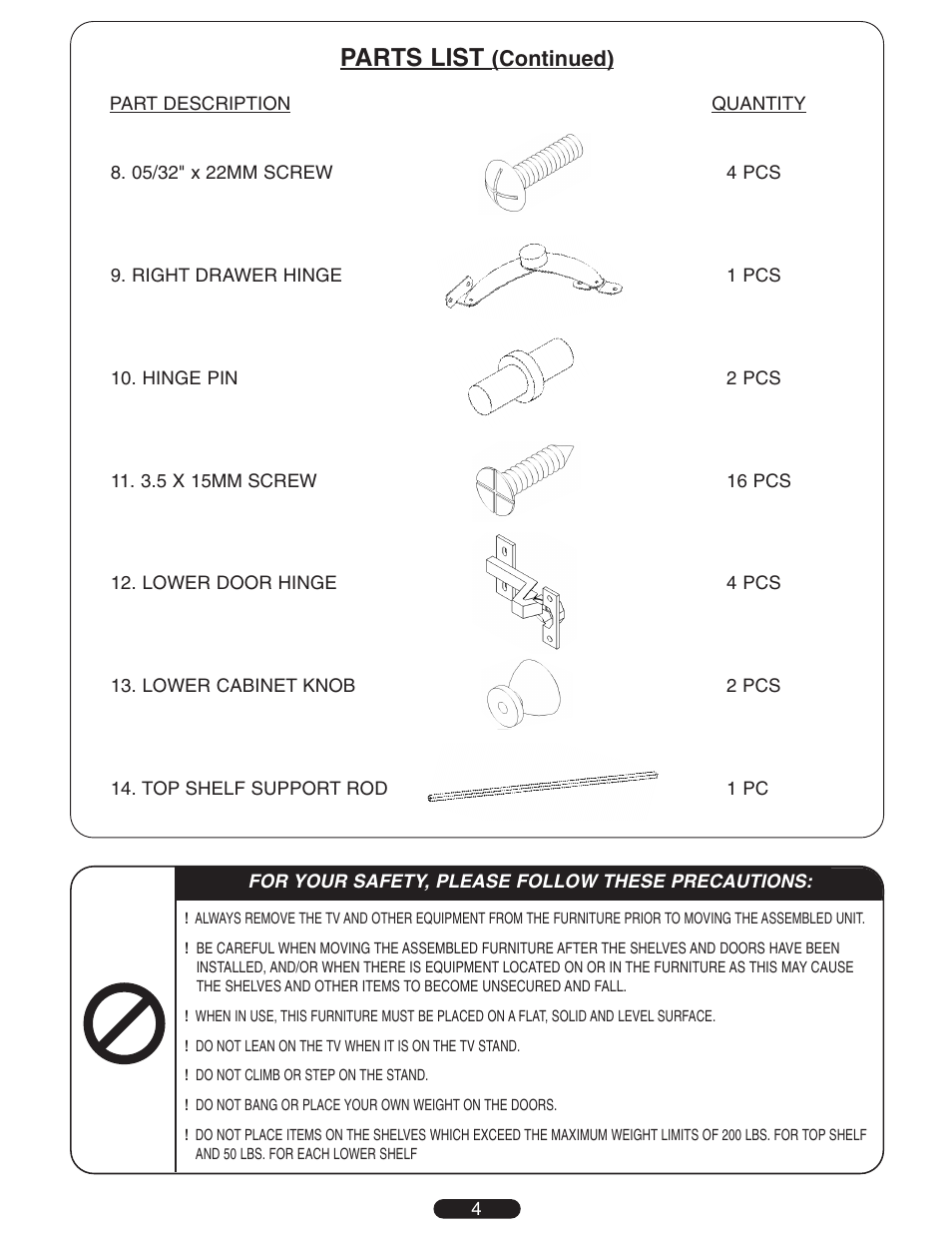 Parts list, Continued) | Bell'O PR-25 User Manual | Page 4 / 16