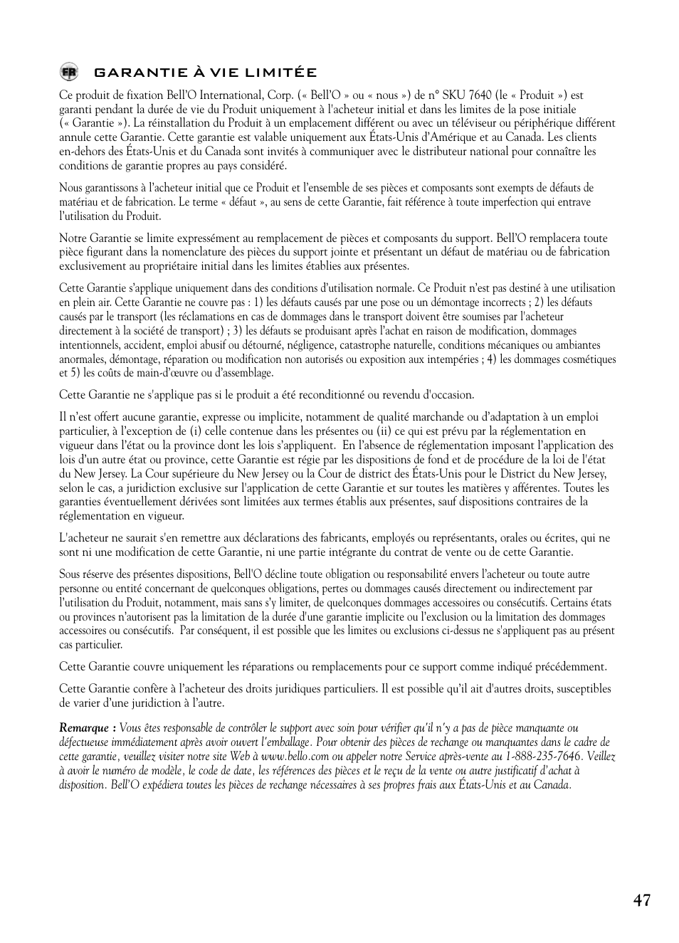 47 garantie à vie limitée | Bell'O 7640 User Manual | Page 47 / 52